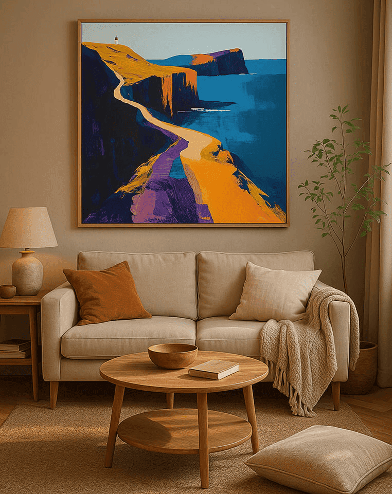 Hand-painted flower artwork in modern living room