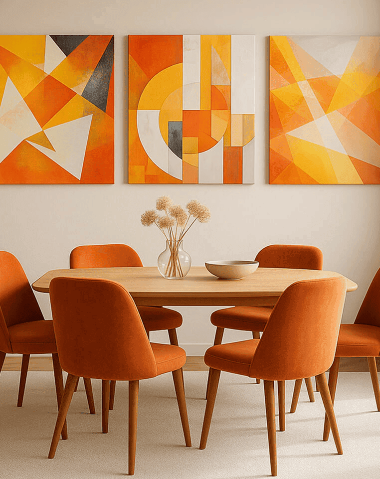 Geometric artwork in minimalist dining space